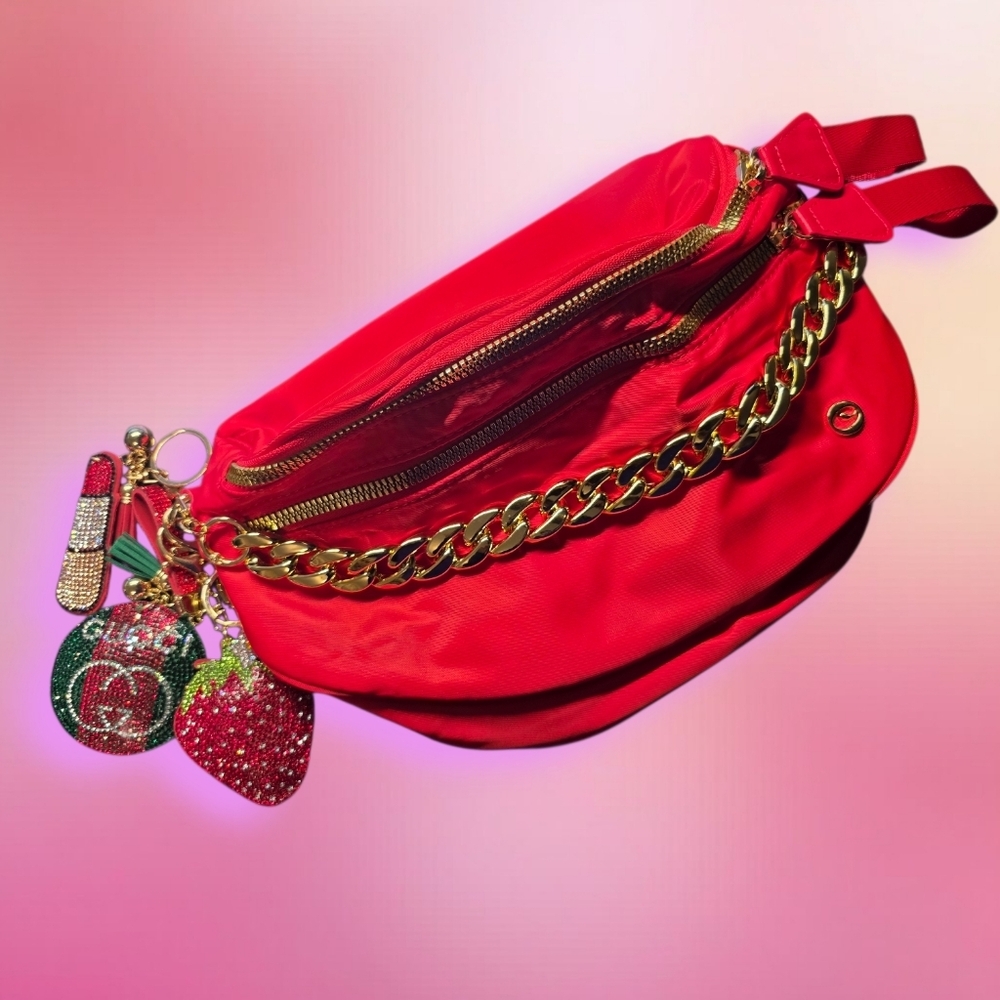 Bum Bag Bundle Deal | Red Nylon Crossbody + Gold Acrylic Chain & 3 Bag Charms